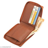 Black faux leather bifold compact wallet with ID window, coin pocket, and multi-card. Top selling trendy men's wallet, free size (11cm x 9cm), unisex purse for men