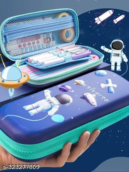Aesthetic, 3D cover pencil case with astronaut design, black background, colorful pencils, school supplies, space theme, kids stationery box, pen holder, large pouch, premium quality