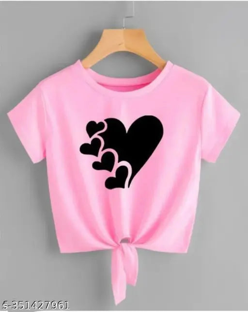 Trendy pink knot cropped Lycra t-shirt for women, five heart design