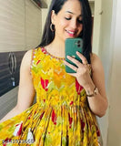 Yellow cotton anarkali sleeveless kurti and gown for women and girls