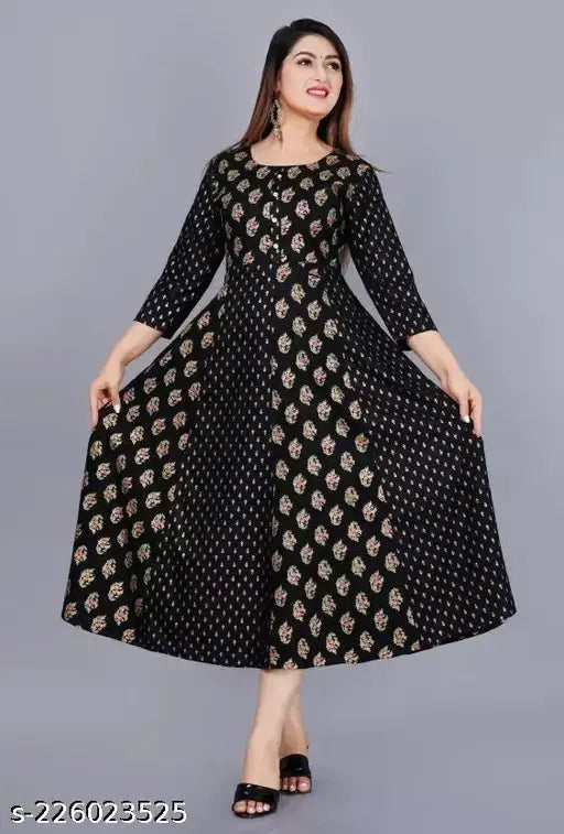 Black flared viscose rayon Anarkali Kurta with gold print, trendy women's clothing in Indian fashion