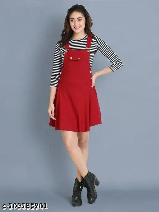 Marron striped net lycra three-quarter sleeve dungaree for women on hanger, India origin