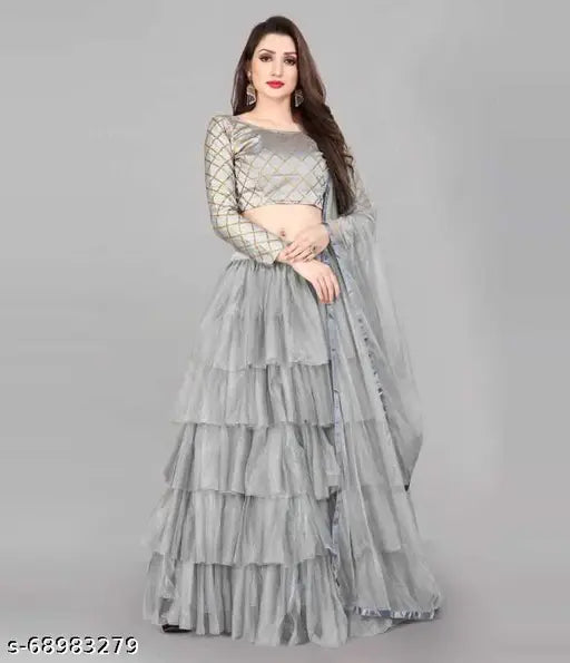 New silk blend and net Sami-stitched lehengha set with lace dupatta, free size (waist 34in, length 37in)
