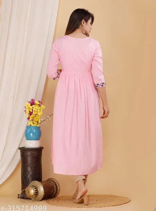Pink rayon kurta with embroidered neckline