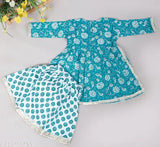Blue cotton Spack Jerrow Kurti Sharara set for baby girls, featuring straight top and sharara bottom with printed design and three-quarter sleeves. Available in sizes from 12-18 months to 6-7 years, all made of 100% pure cotton. Indian ethnic wear for kids