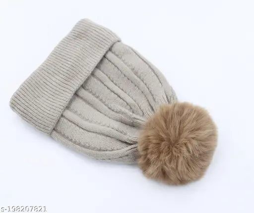 Brown wool beanie cap, faux fur pom pom