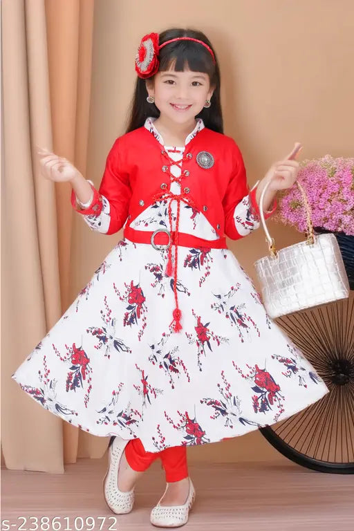 Red cotton rayon frock & leggings set with attached jacket - printed pattern, three-quarter sleeves, back zip opener. Perfect for girls aged 4 to 10 years, Indian origin