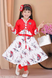 Red cotton rayon frock & leggings set with attached jacket - printed pattern, three-quarter sleeves, back zip opener. Perfect for girls aged 4 to 10 years, Indian origin
