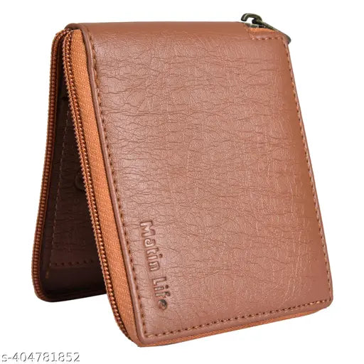 Tan faux leather men's wallet with round chain closer, coin pocket, camouflage design. Durable PU leather wallet for everyday use, suitable for outdoors and gift-giving. Made in India