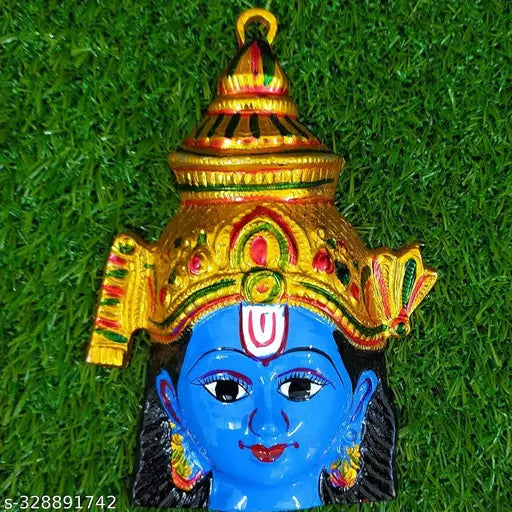 Metal Hindu god Vishnu idol for pooja, Indian handcrafted hanging face