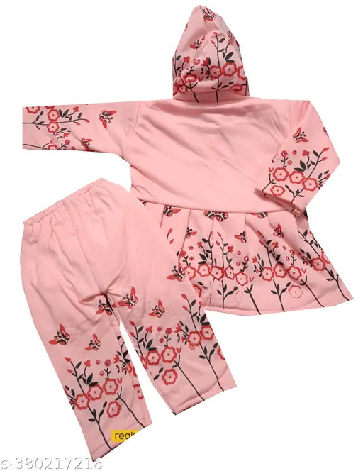 Woolen printed kids winter hoody frock & pajama set, featuring long sleeves and vibrant colors. Perfect for newborn to 2-year-old babies. Indian origin, multiple sizes available