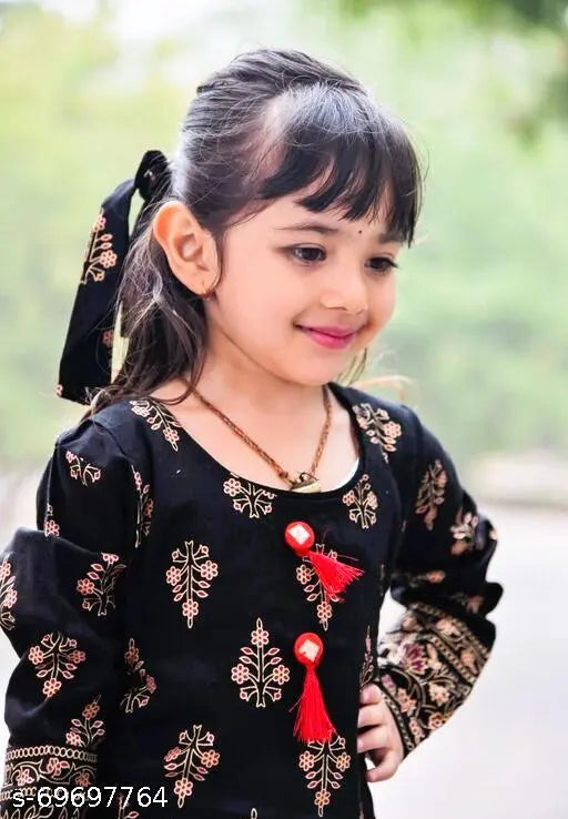 Gril black rayon kurti with long sleeves and printed net pattern for kids (3-13 years), made in India