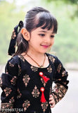 Gril black rayon kurti with long sleeves and printed net pattern for kids (3-13 years), made in India