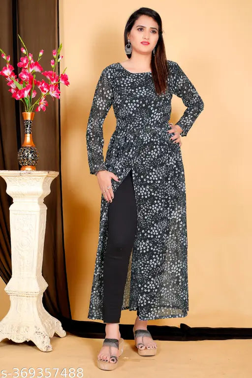 Black and white floral Georgette kurti, intricately embellished with lace and beadwork, perfect for women's formal events in India