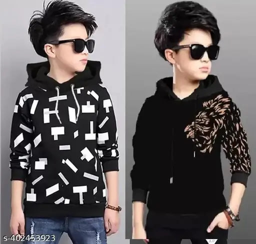 Kids Boys Hooded Printed Pure Cotton Full Sleeves T-shirt, Pack of 2