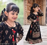 Girls black viscose rayon kurtis & kurtas, long sleeve printed net dress for kids (size: 3-4 years)