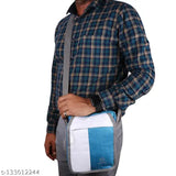 The image shows a person wearing a green and white sling bag with a cross logo