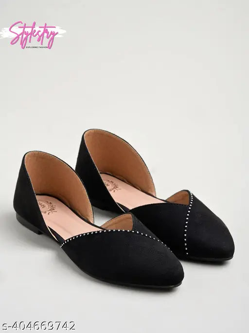 Black suede pointed-toe flat belly shoes for women & girls, embellished with rhinestones on toe. Ideal for casual wear during the holiday season. Made in India