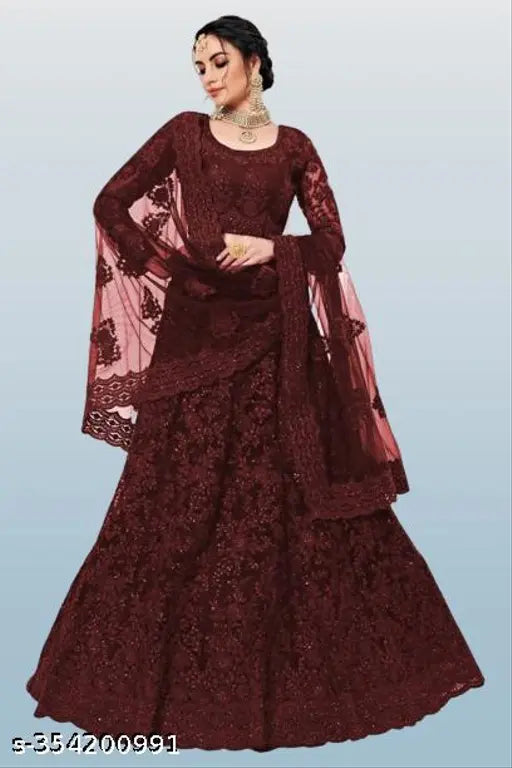 Embroidered maroon semi-stitched lehenga choli set on mannequin, Indian net fabric with intricate embroidery detailing