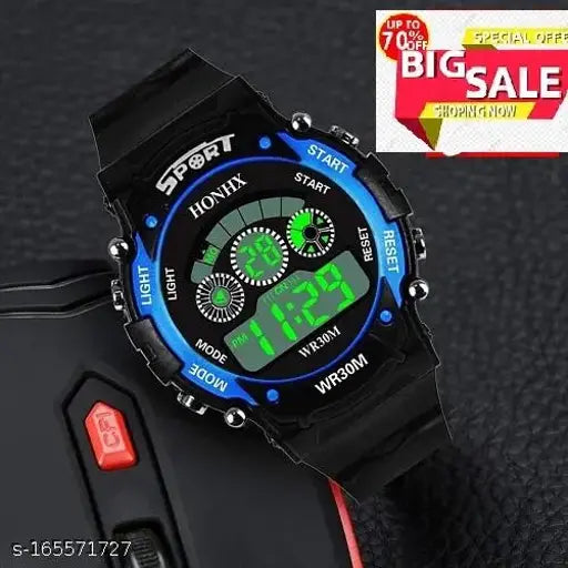 Multi function sports digital kids watch with light, blue display screen and black strap