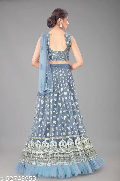Heavy net grey frilled mirror work lehenga choli and dupatta with lace border, embellished Indian bridal wear