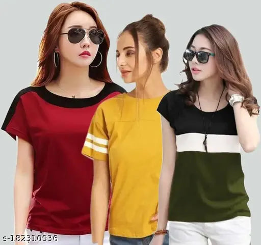 Cotton blend women's t-shirt pack of 3, solid color, lightweight and comfortable, contemporary casual fashion for work or parties, India origin