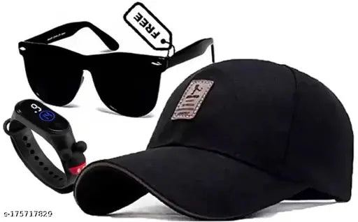 Black cotton baseball cap with adjustable fit, black polarized sunglasses and digital band watch for men and boys - fashionable accessory bundle from India