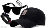 Black cotton baseball cap with adjustable fit, black polarized sunglasses and digital band watch for men and boys - fashionable accessory bundle from India