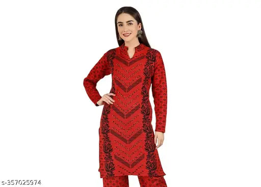 Red, black and gold printed woolen kameez, long sleeves, front zip closure