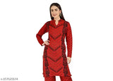 Red, black and gold printed woolen kameez, long sleeves, front zip closure