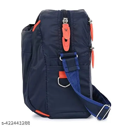 Trendy navy blue nylon sling bag with red detail and multiple pockets for men and women