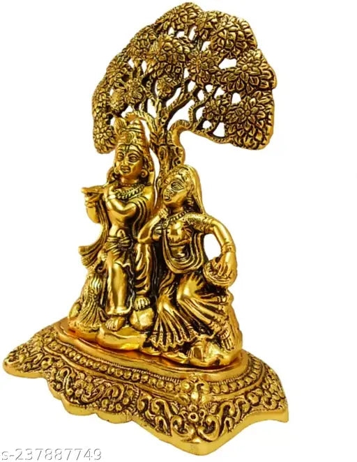 Metal Radha Krishna idol sitting under tree home decor, 18cm aluminium gold black