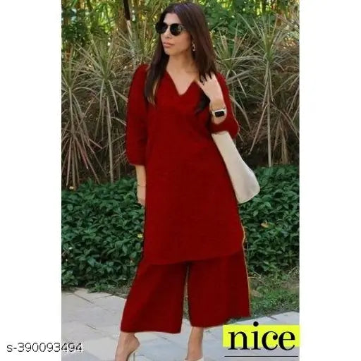 Rayon kurti and palazzos set, solid net three-quarter sleeves rayon fabric, Indian traditional clothing for women