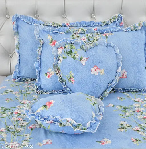 LTF | 5 Pcs Bedsheet Set (1 King Size Bedsheet + 2 Decorative Frill Pillow Covers + 2 Decorative Frill Heart shaped Cushion Covers with Fillers)