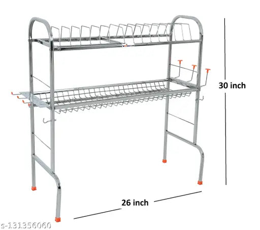 Stainless steel over sink dish drainer rack, space-saving kitchen utensil organizer with multiple shelves and a plate stand, 30 x 26 inches