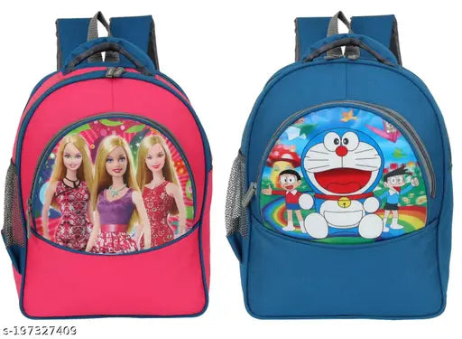 Waterproof polyester school bag with TORMEC Barbie & Doraemon combo for LKG/UKG/1st standard students, free size (22cm x 14cm x 38cm)