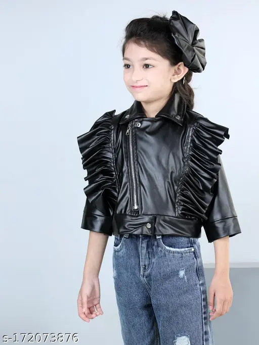 Black faux leather girls jacket with ruffled collar and zipper front