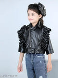 Black faux leather girls jacket with ruffled collar and zipper front