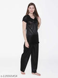 Stylish satin pyjamas for women by Aely Shine Enterprises, solid-colored India-made night suits with short sleeves and various sizes: S (36/25/28), M (38/25/30), L (40/25/32), Free Size (42/25/34)