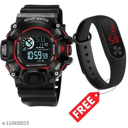 Digital sports watch with black and red strap, silicone band, digital display, and 2 combo pack options