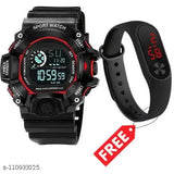 Digital sports watch with black and red strap, silicone band, digital display, and 2 combo pack options
