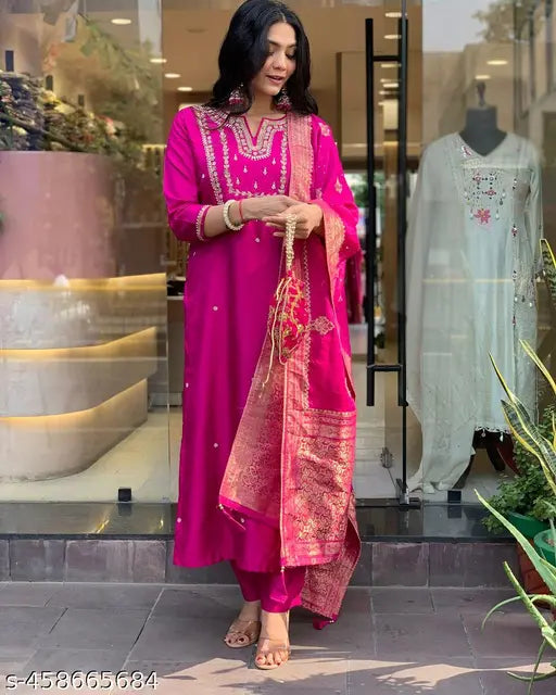 Silk blend printed kurta set with palazzos and dupatta, embroidered top and plain bottom in viscose chanderi fabric. Indian ethnic wear for sizes S-XXL