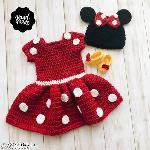 Red woolen baby dress, self-designed with short sleeves, perfect for 0-24 months