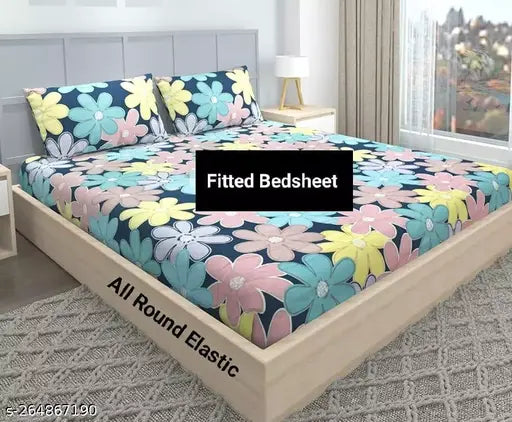 Fitted bedsheet with floral print, cotton-microfiber, blue & pink, 72x78 inches.