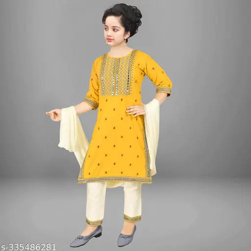 Pure cotton embroidered salwar suit set for girls, A-line top with three-quarter sleeves and matching trouser & dupatta. Available sizes: 4-5 Years (24in/23in), 5-6 Years (26in/24in), etc., up to 11-12 Years (36in/34in). Indian origin