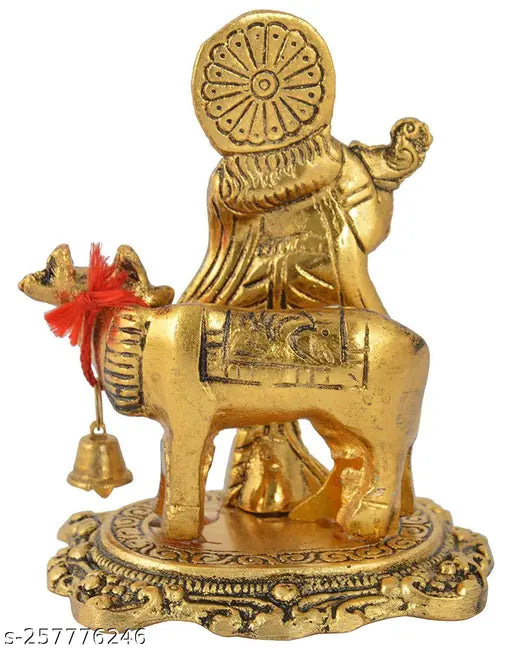 Golden metal Krishna with Cow Idol, 6.5x5.5x9cm, Indian handcrafted showpiece for home or temple decor, ideal gift