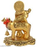 Golden metal Krishna with Cow Idol, 6.5x5.5x9cm, Indian handcrafted showpiece for home or temple decor, ideal gift