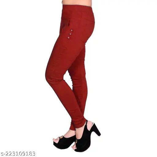 Maroon & White FeelBlue stretchable Lycra jeggings for women, pack of 2. Comfortable cotton blend with side pockets