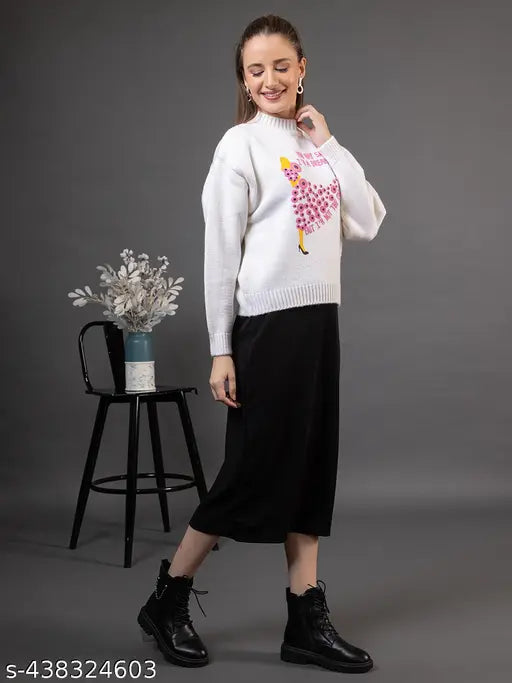 Wear Lusso Pure Woolen 3D Printed Round Neck Full Sleeve Pullover Sweater - Women's, 100% pure wool, modern design, full sleeve coverage, versatile fit