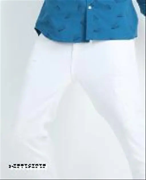 White denim men's jeans, solid pattern, monk fit by Shriradhe Enterprises. Fits sizes 28, 30, or 32. Made in India